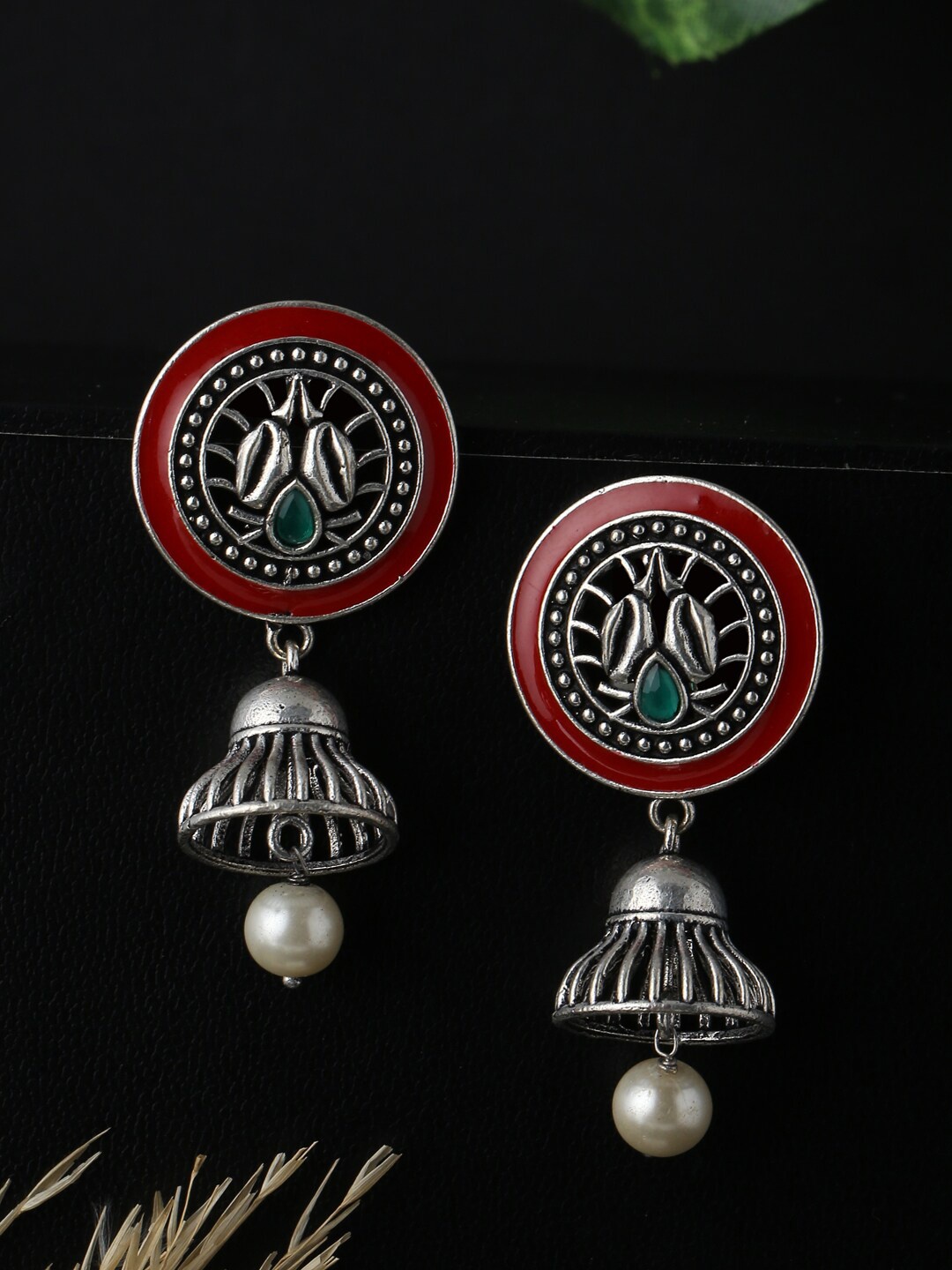 

kashwini Silver-Toned & Red Silver-Plated Contemporary Jhumkas Earrings