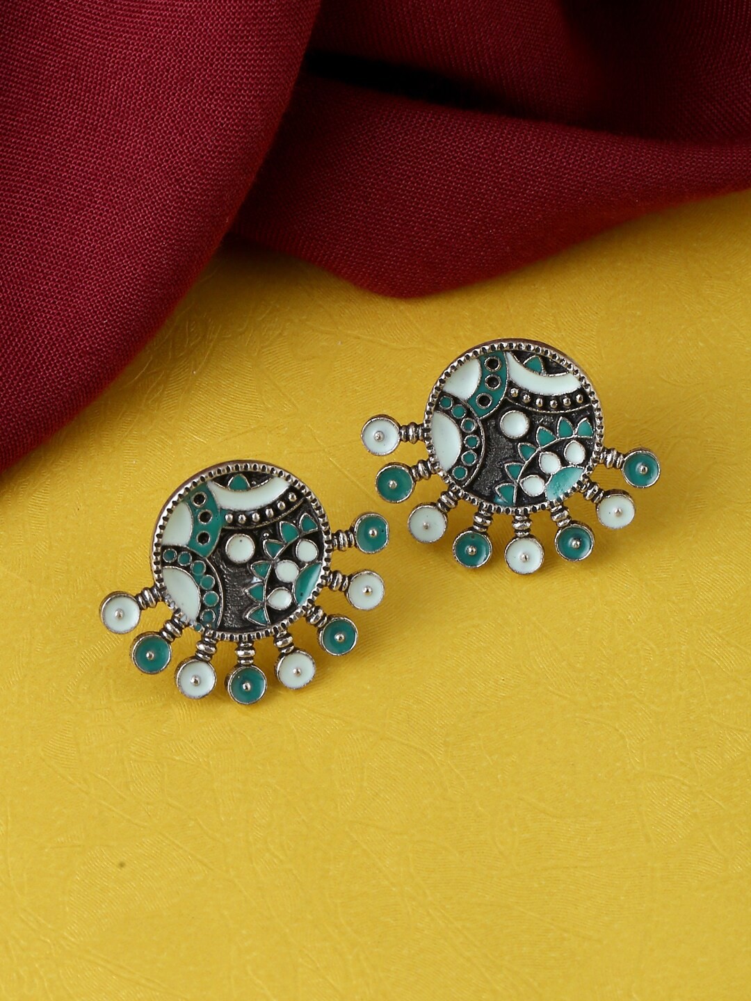 

kashwini Silver Plated & Green Oxidised Contemporary Studs Earrings
