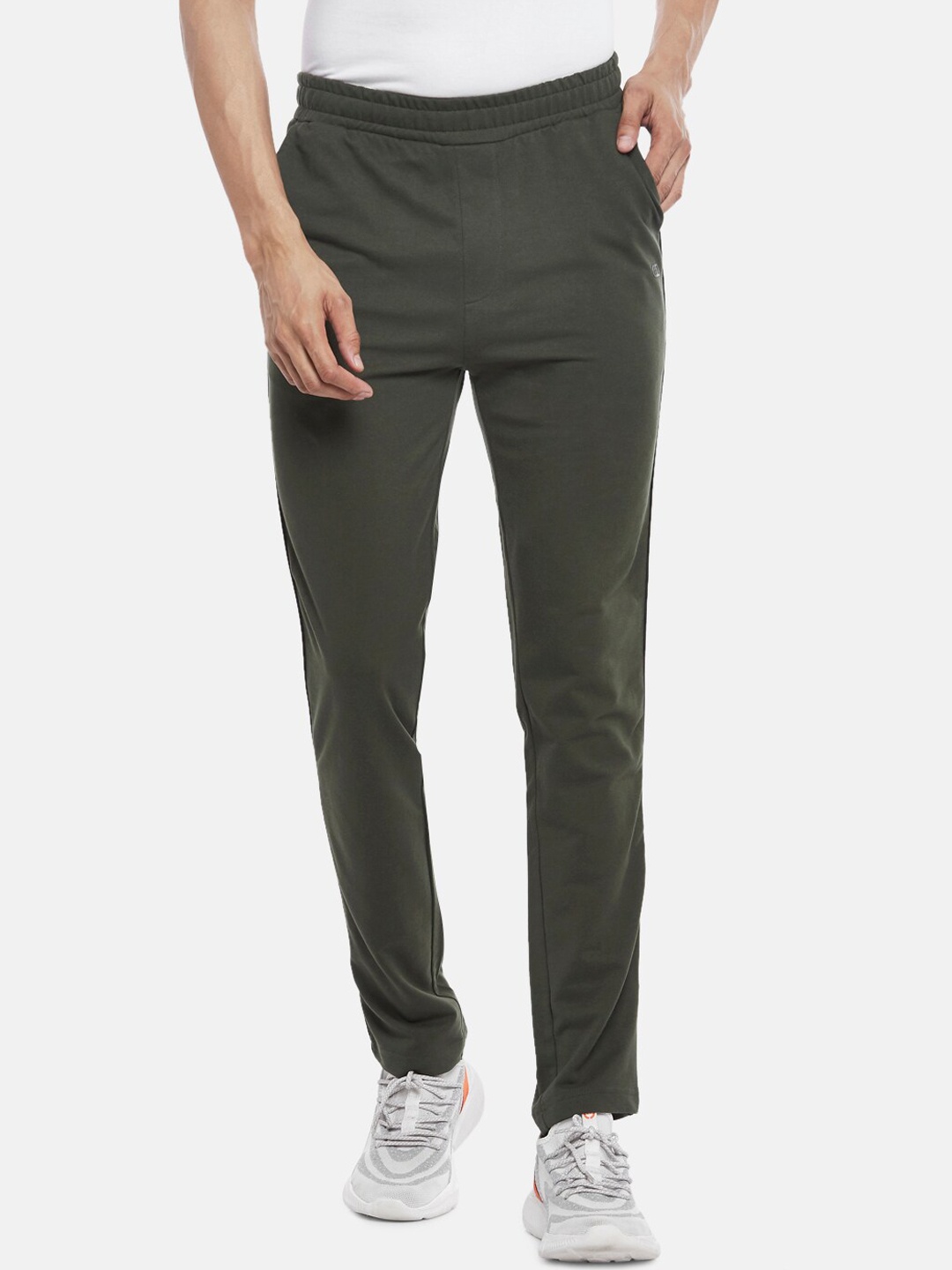 

Ajile by Pantaloons Men Olive-Green Solid Pure Cotton Slim-Fit Track Pants