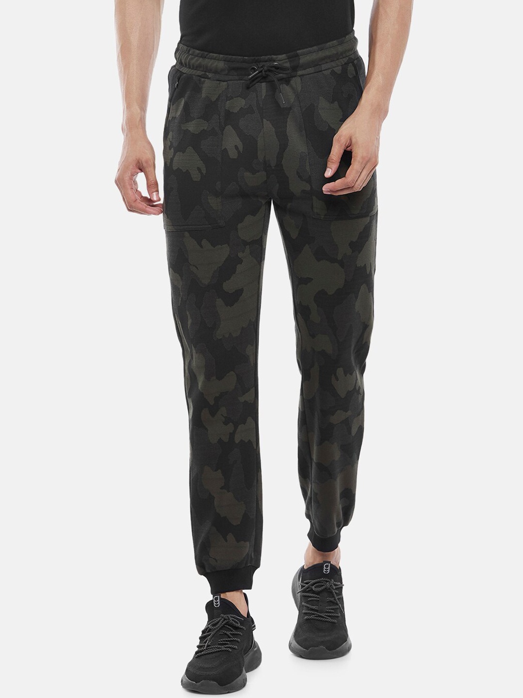 

Ajile by Pantaloons Men Olive-Green & Black Camouflage Print Slim-Fit Pure Cotton Joggers