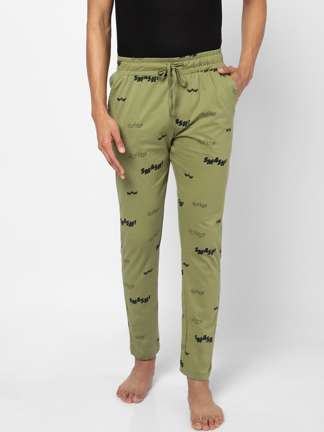 

Ajile by Pantaloons Men Olive Green & Black Printed Pure Cotton Lounge Pants