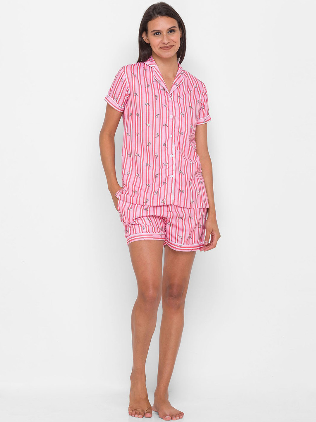 

NOIRA Women Pink Printed Pure Cotton Night suits