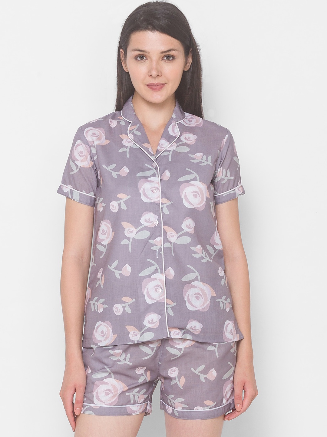 

NOIRA Women Brown & Grey Printed Pure Cotton Night suit
