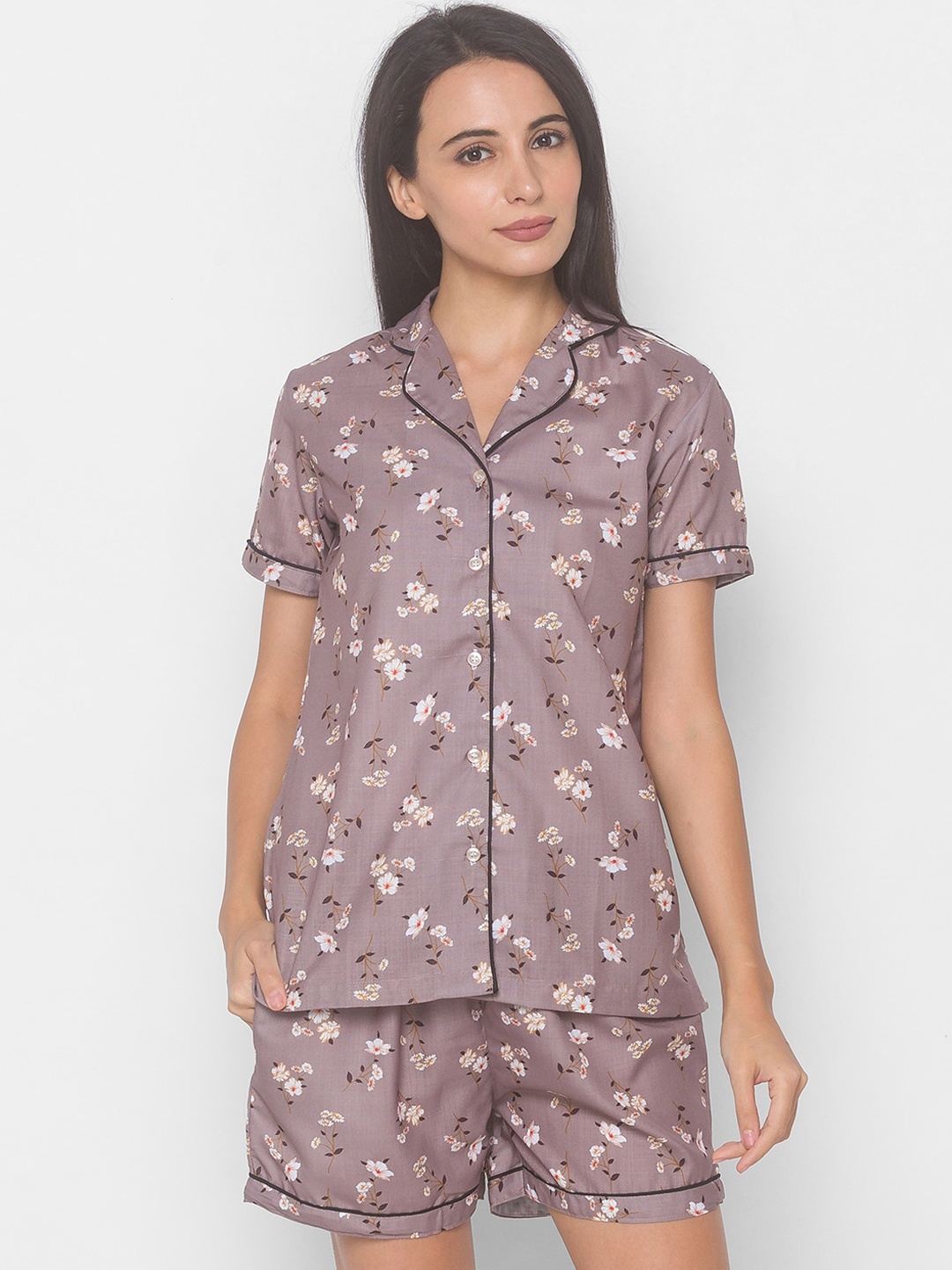 

NOIRA Women Mauve & Brown Floral Printed Pure Cotton Night Suit