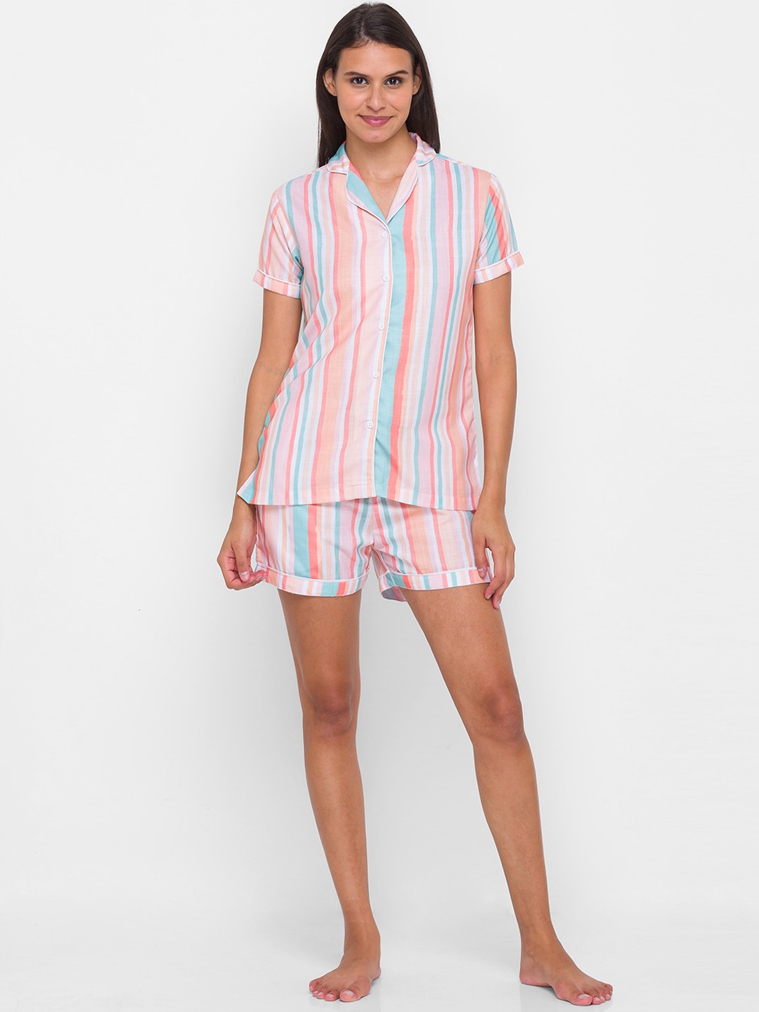

NOIRA Women Pink Striped Pure Cotton Night suit
