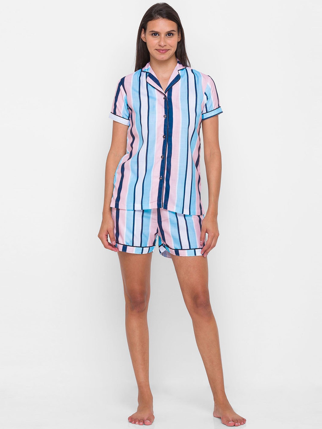 

NOIRA Women Blue & Beige Striped Pure Cotton Night suit