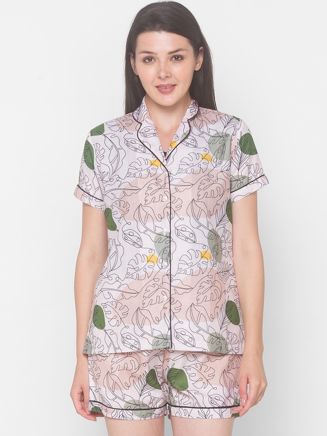 

NOIRA Women Beige & White Printed Cotton Night suit