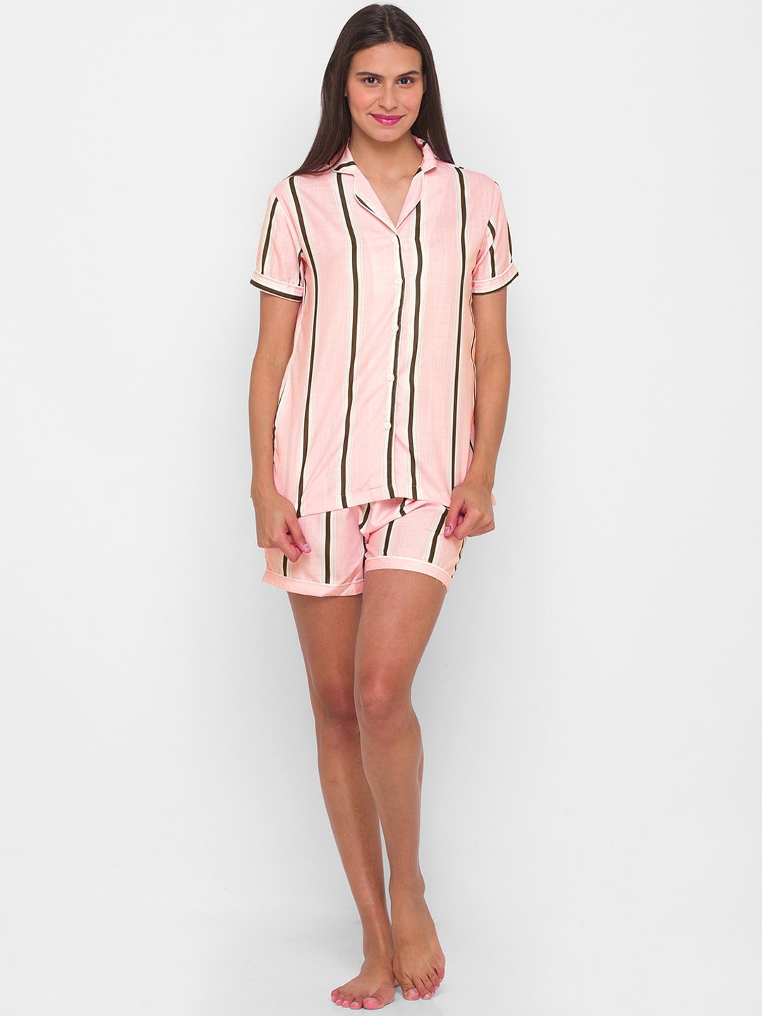 

NOIRA Women Pink & Coffee Brown Striped Night suit