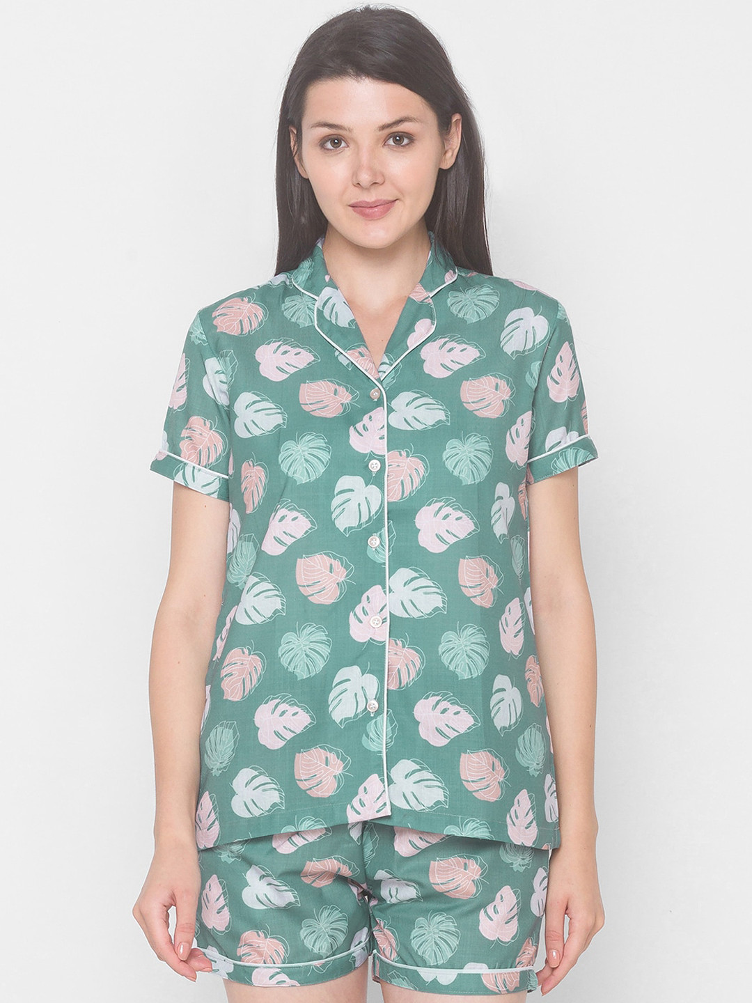 

NOIRA Women Green Printed Pure Cotton Night Suit