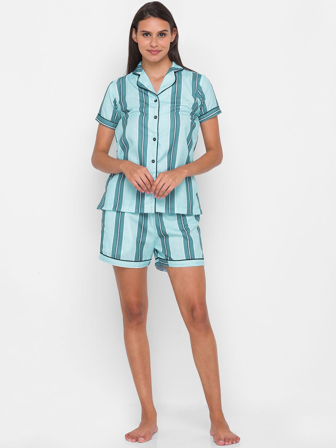 

NOIRA Women Blue & Green Striped Pure Cotton Nightsuit