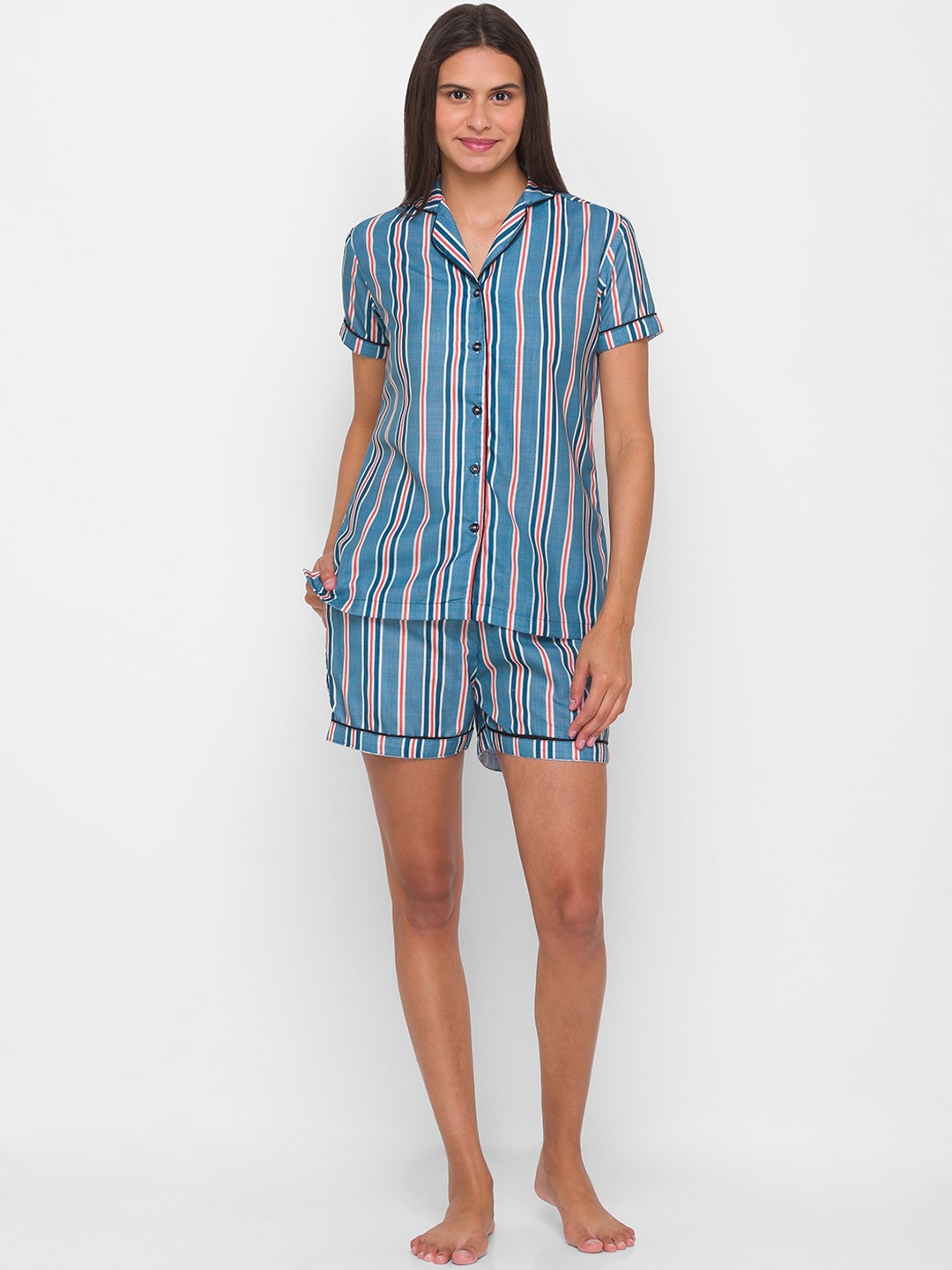 

NOIRA Women Navy Blue & White Striped Night suit