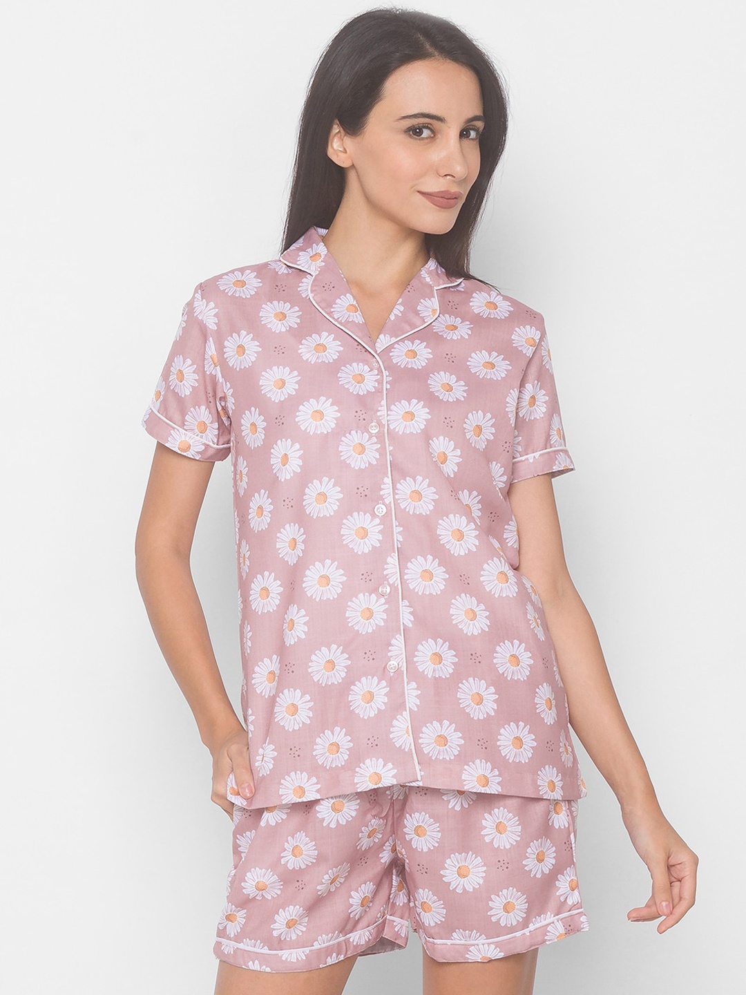 

NOIRA Women Pink & White Printed Cotton Night suit