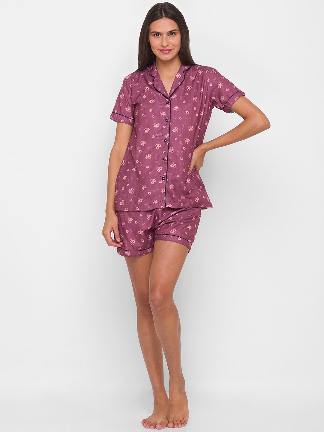 

NOIRA Women Purple & Pink Floral Printed Cotton Night suit