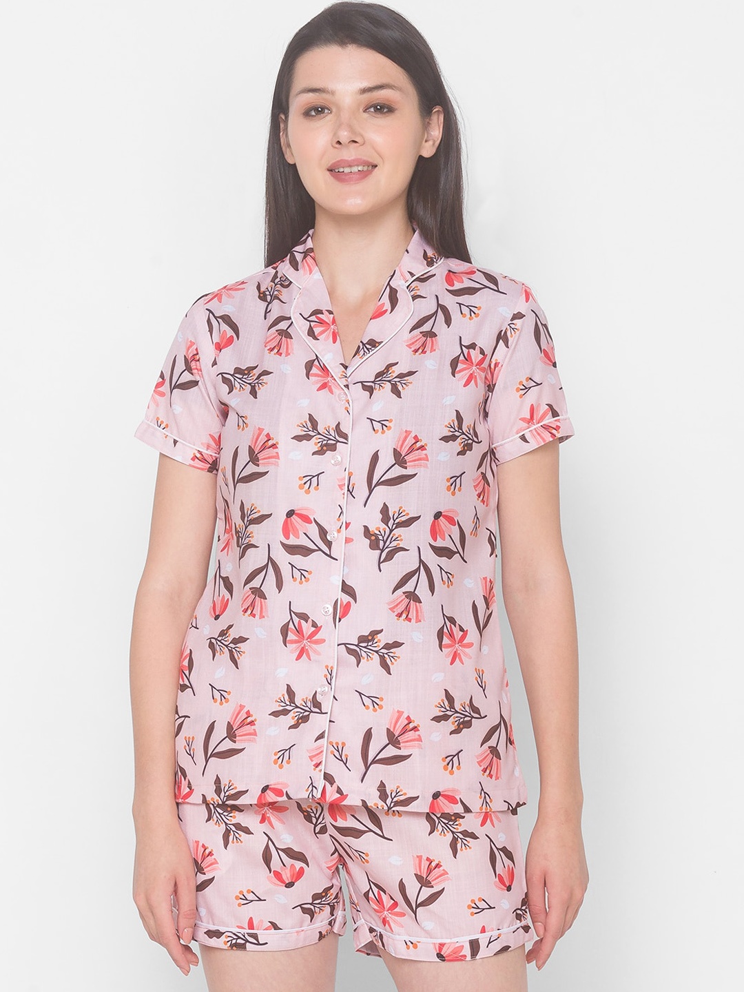 

NOIRA Women Pink & Peach-Coloured Printed Pure Cotton Night suit