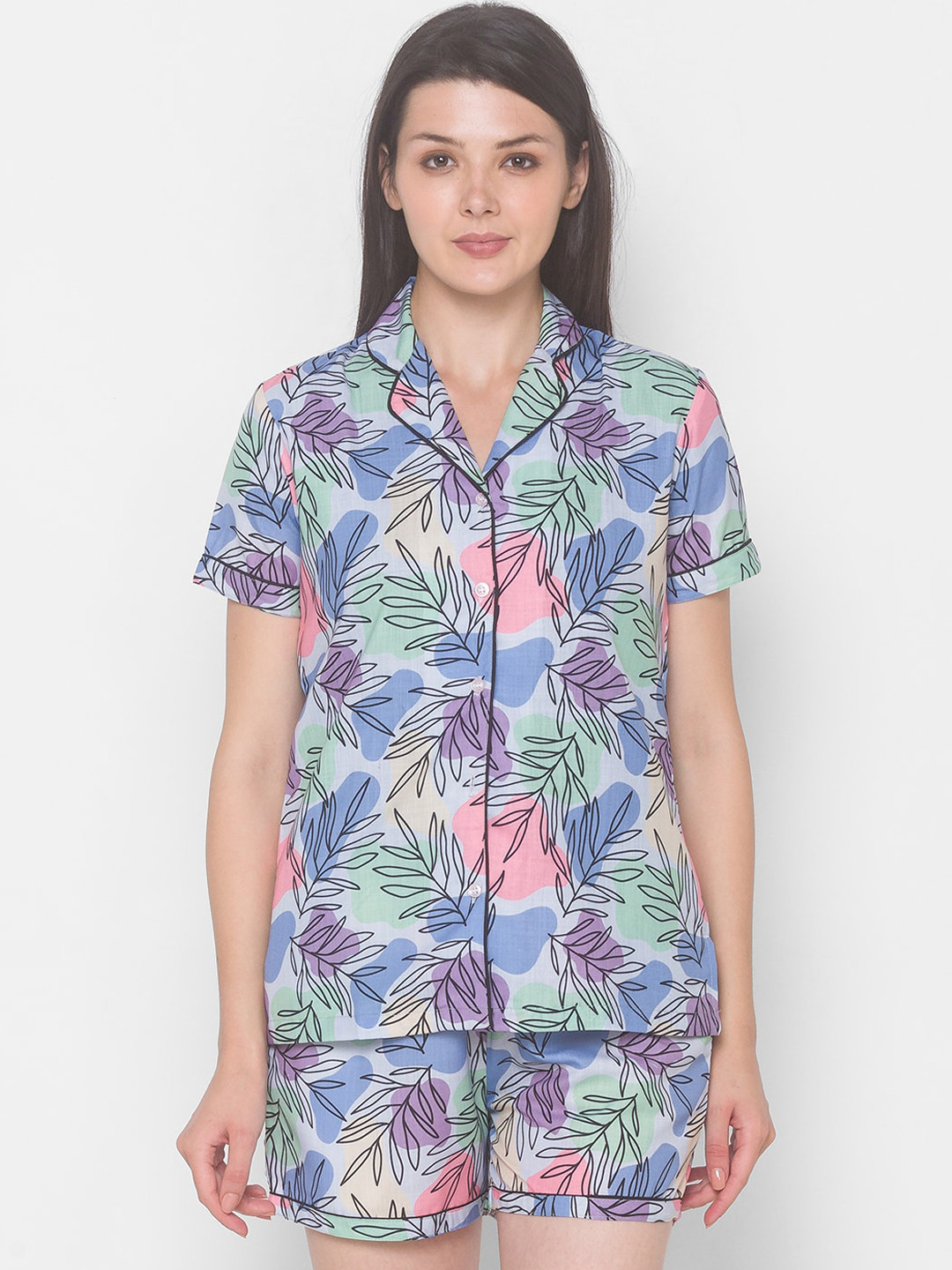

NOIRA Women Blue & Pink Printed Pure Cotton Night suit
