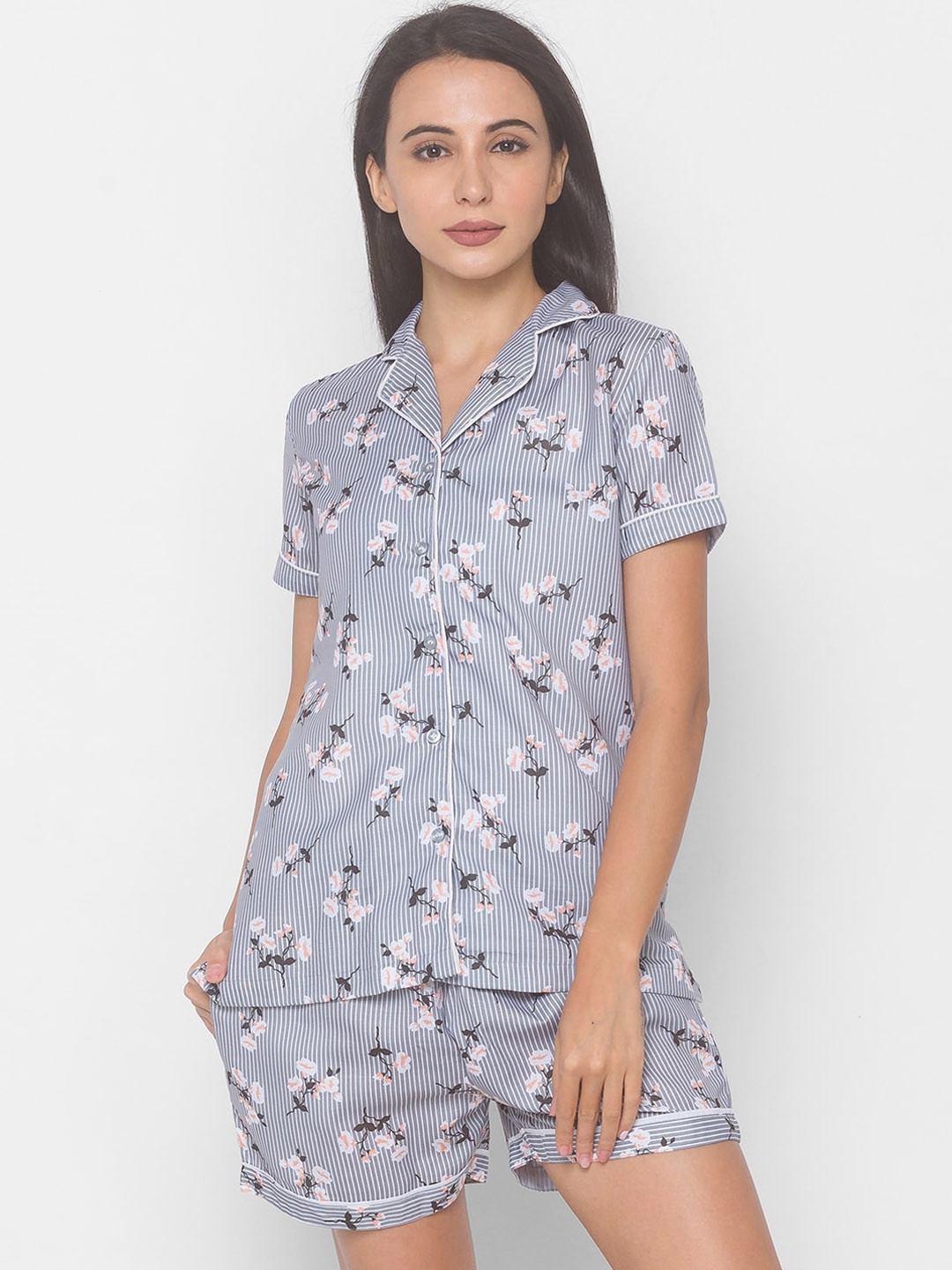 

NOIRA Women Grey & White Striped Night suit
