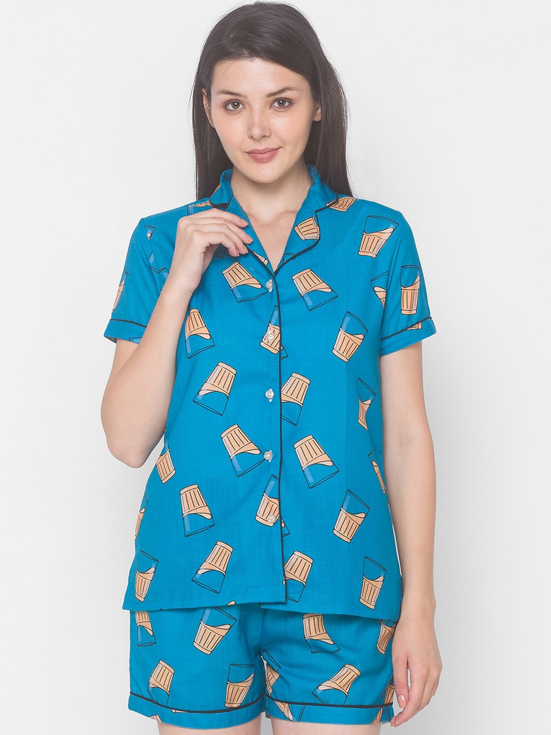

NOIRA Women Blue & Brown Printed Cotton Night suit