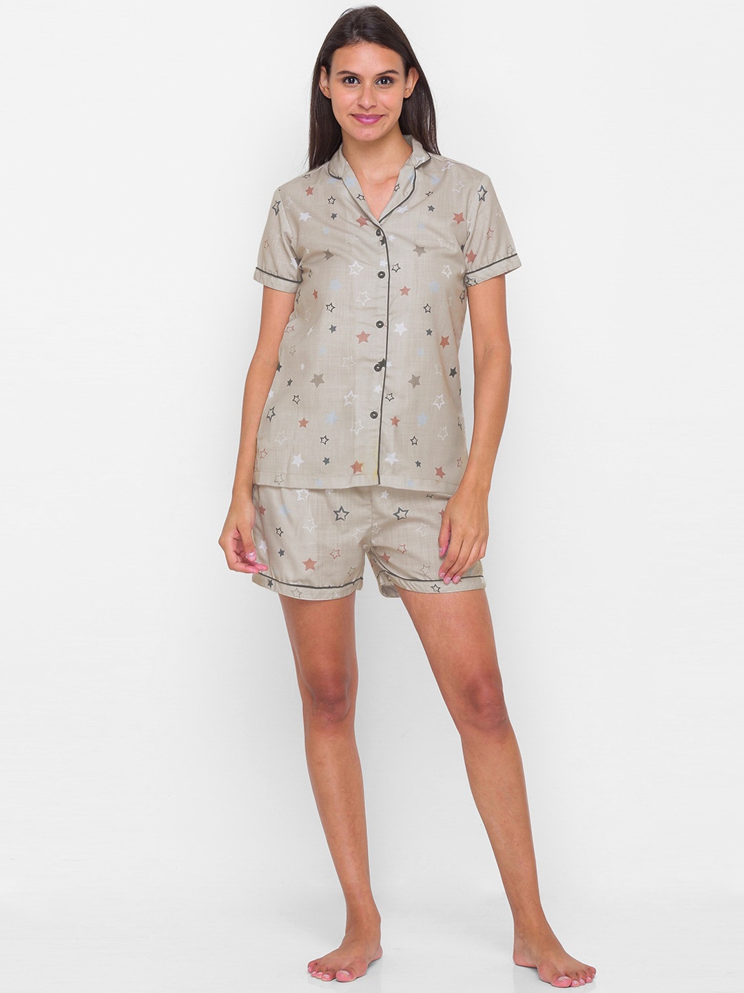 

NOIRA Women Beige & White Printed Pure Cotton Night suit