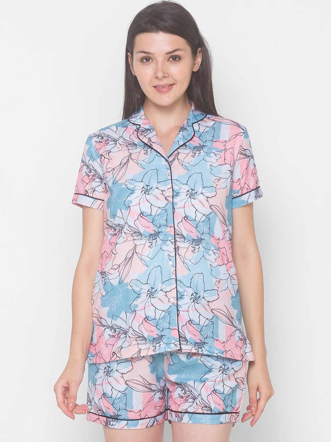 

NOIRA Women Blue & Pink Printed Pure Cotton Night suit