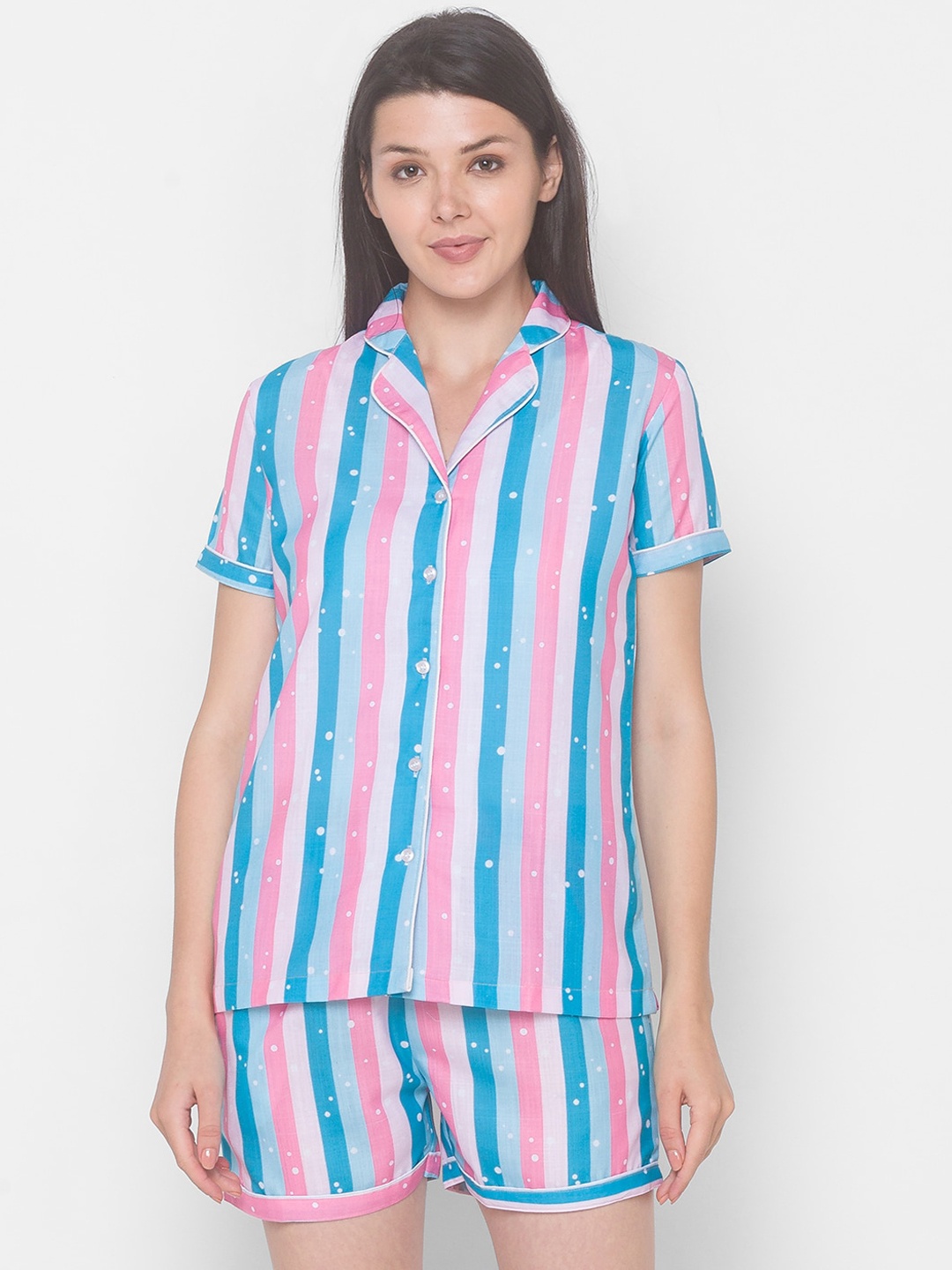 

NOIRA Women Blue & Pink Printed Pure Cotton Night Suit