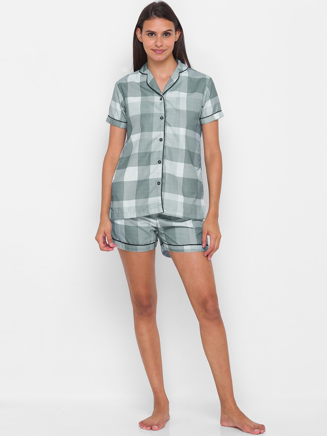 

NOIRA Women Grey & White Checked Cotton Night suit