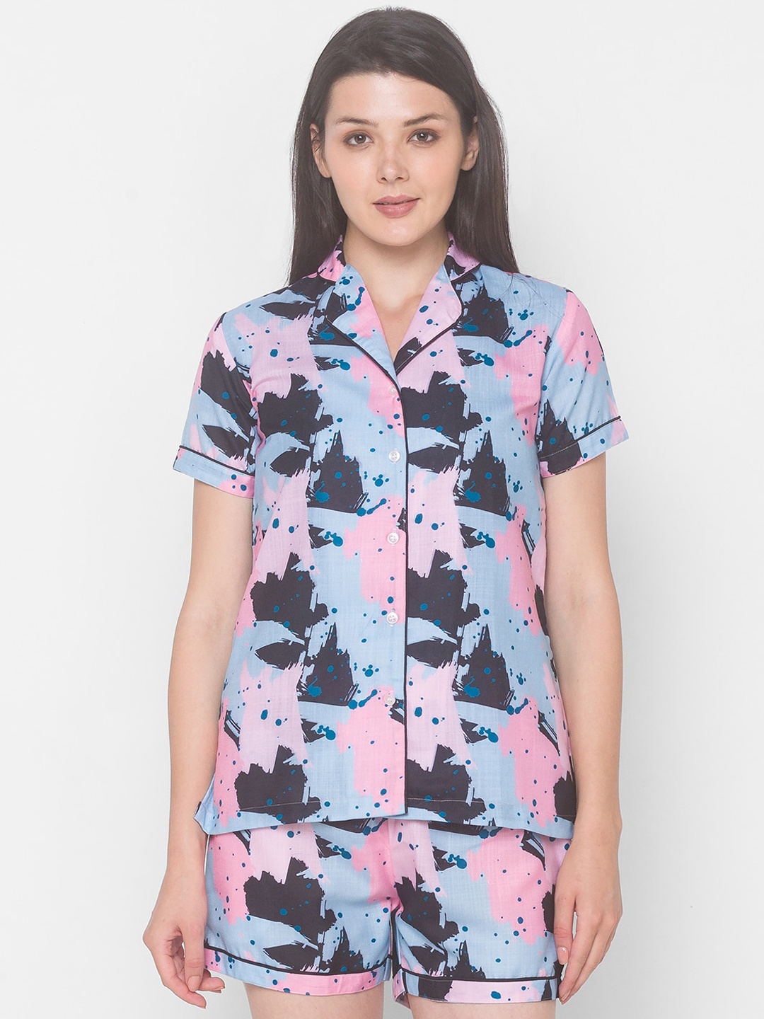 

NOIRA Women Blue & Pink Printed Pure Cotton Night suit