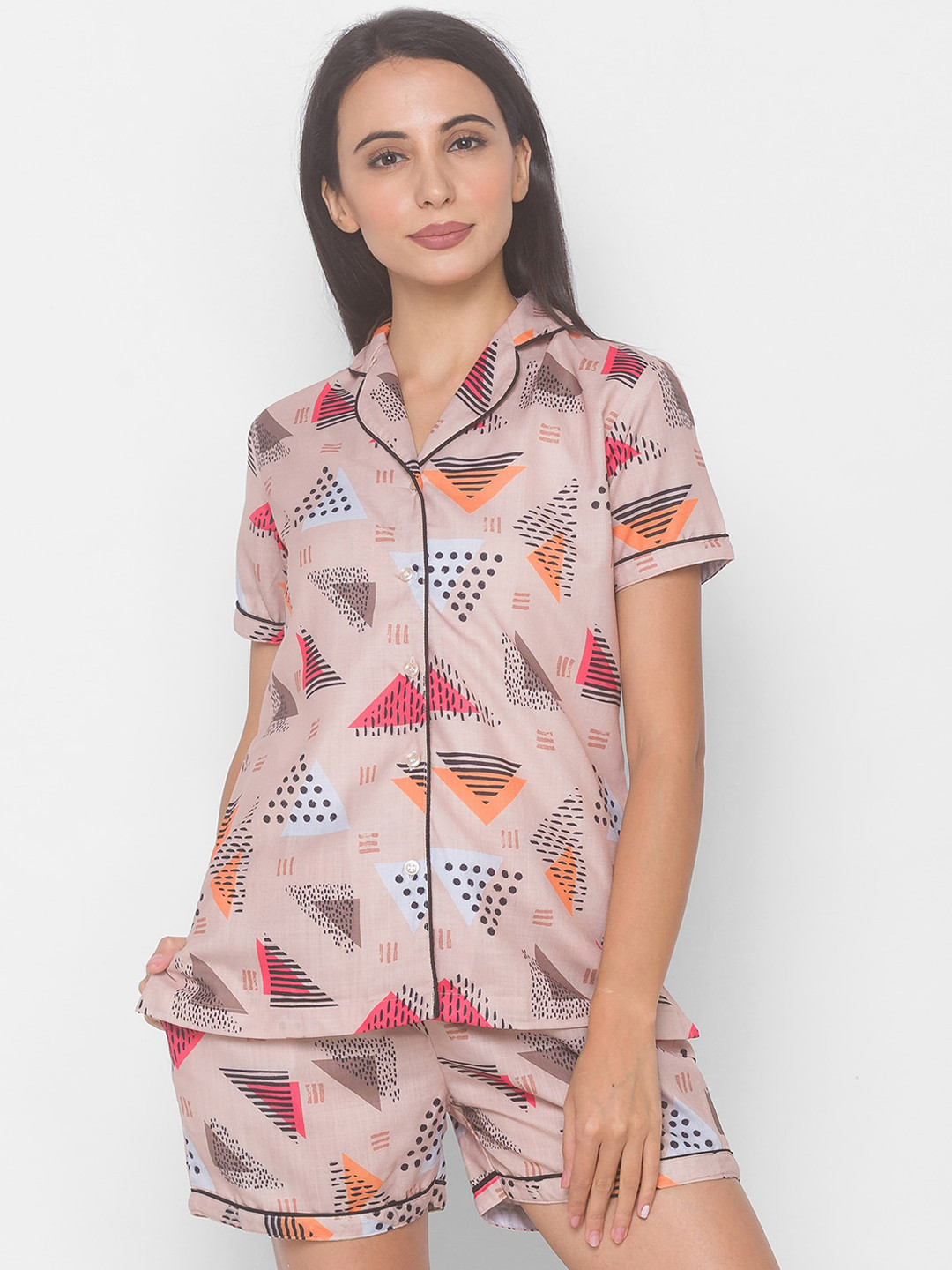 

NOIRA Women Beige & Black Printed Cotton Night suit