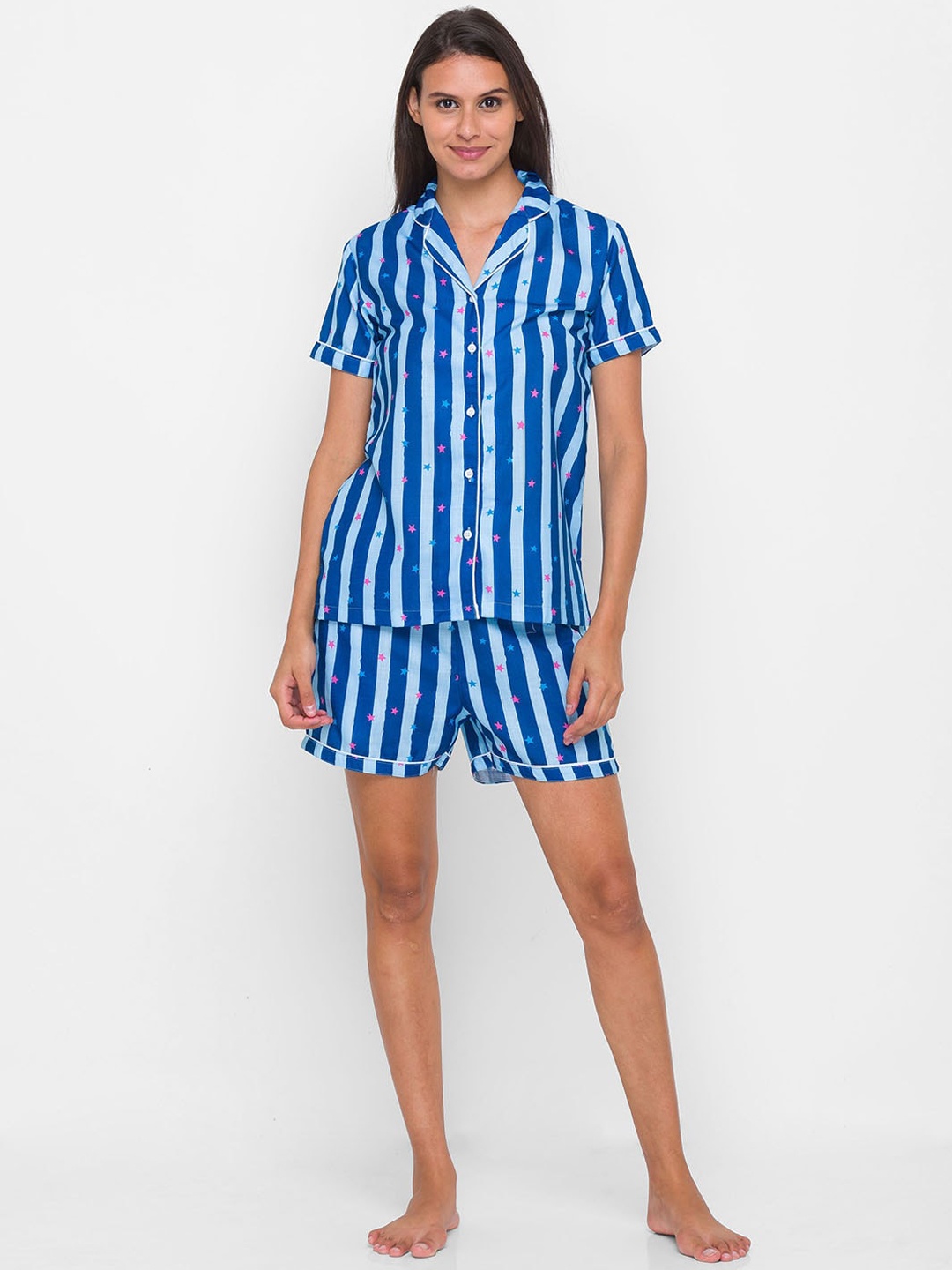 

NOIRA Women Blue Striped Cotton Night suit