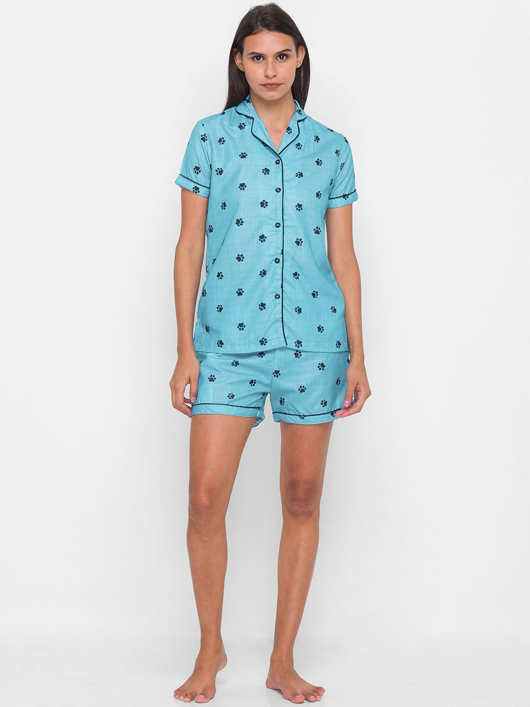 

NOIRA Women Blue Printed Cotton Night suit