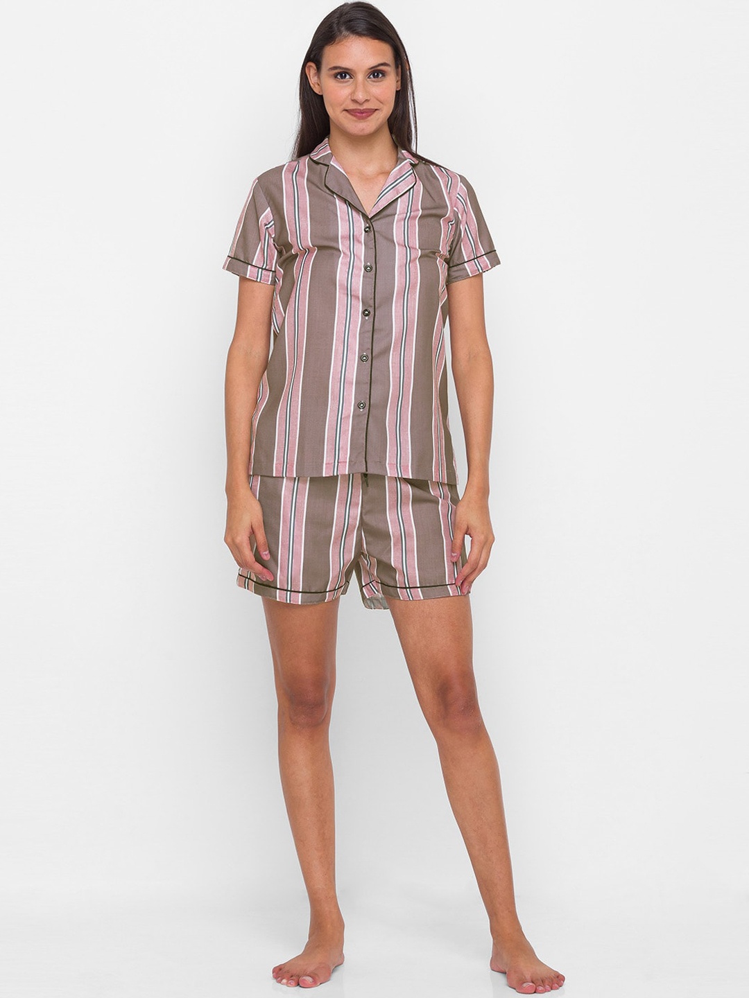 

NOIRA Women Pink & Brown Striped Night suit
