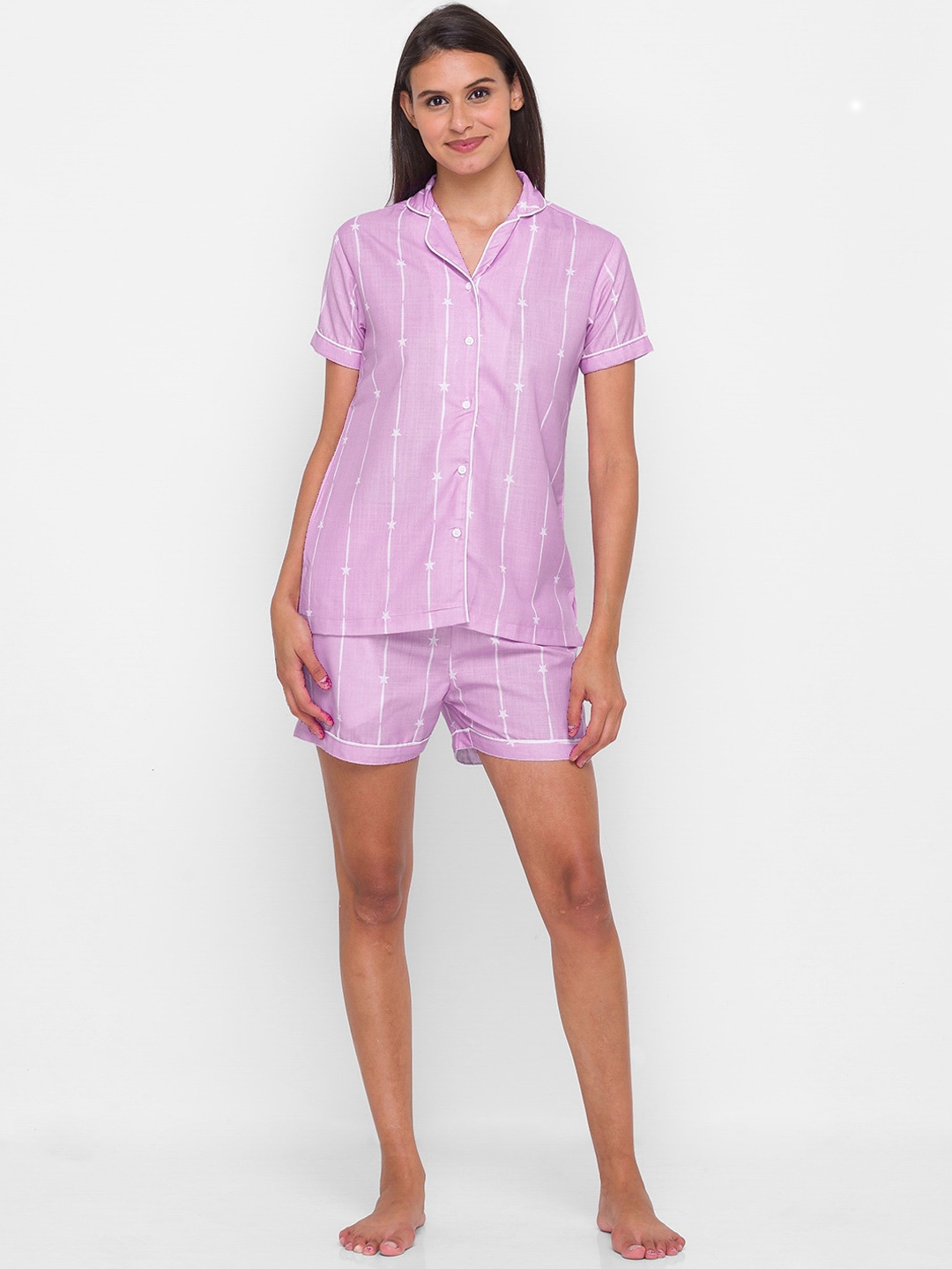 

NOIRA Women Purple & White Printed Pure Cotton Night suit