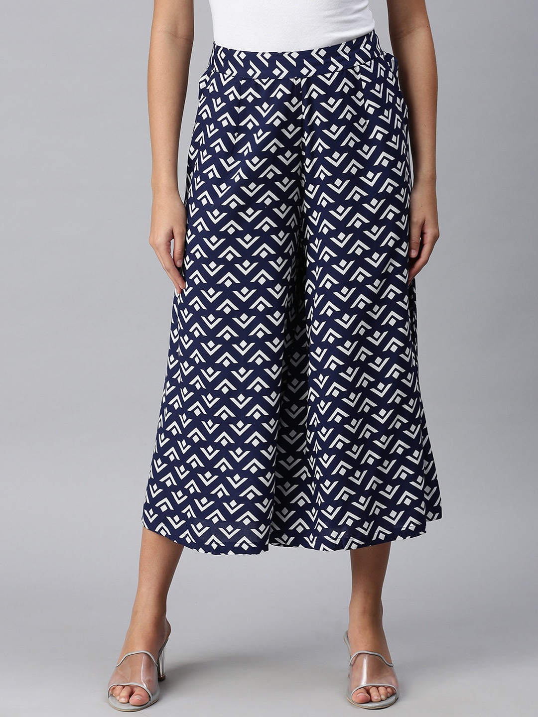 

De Moza Women Navy Blue Printed Loose Fit Culottes Trousers
