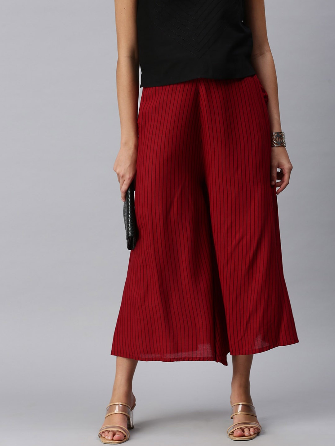

De Moza Women Maroon Striped Loose Fit Culottes Trousers