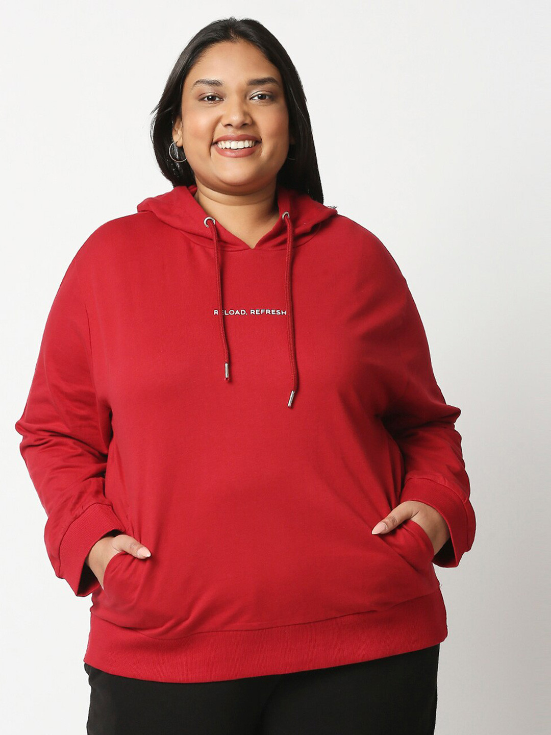 

20Dresses Plus Size Women Red solid Hooded Cotton Sweatshirt