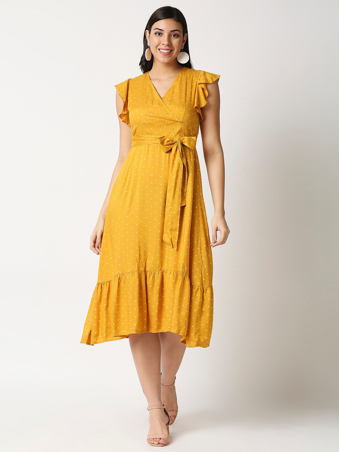 

20Dresses Women Yellow Polka Dot Printed Cotton Fit & Flare Dress