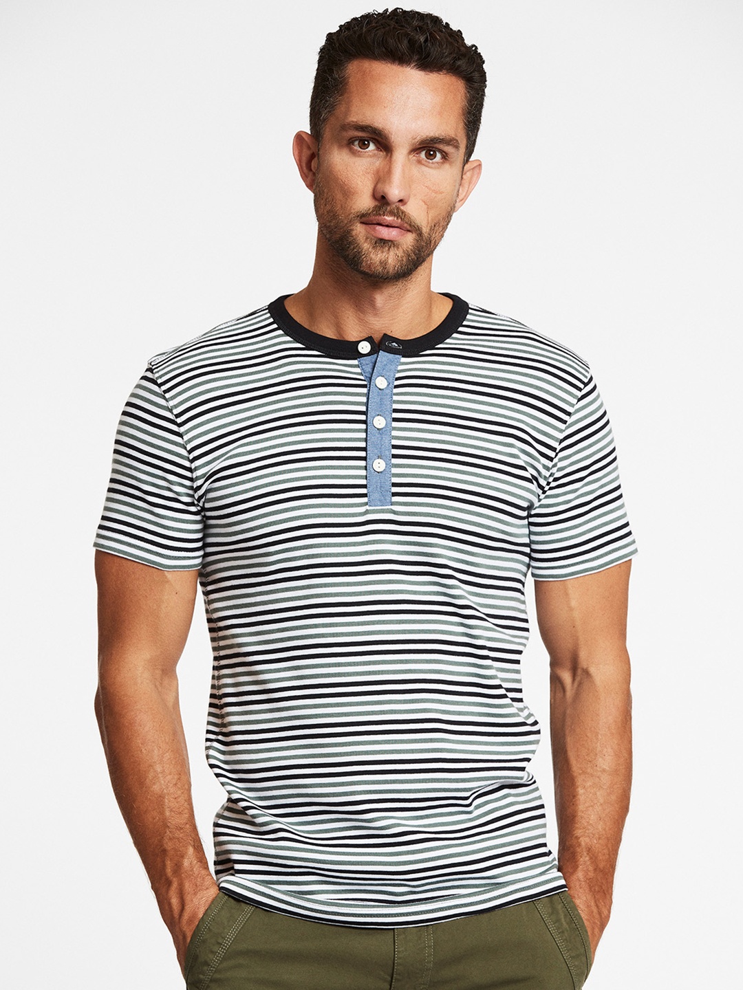 

LINDBERGH Men Green Striped Henley Neck Pure Cotton Slim Fit T-shirt