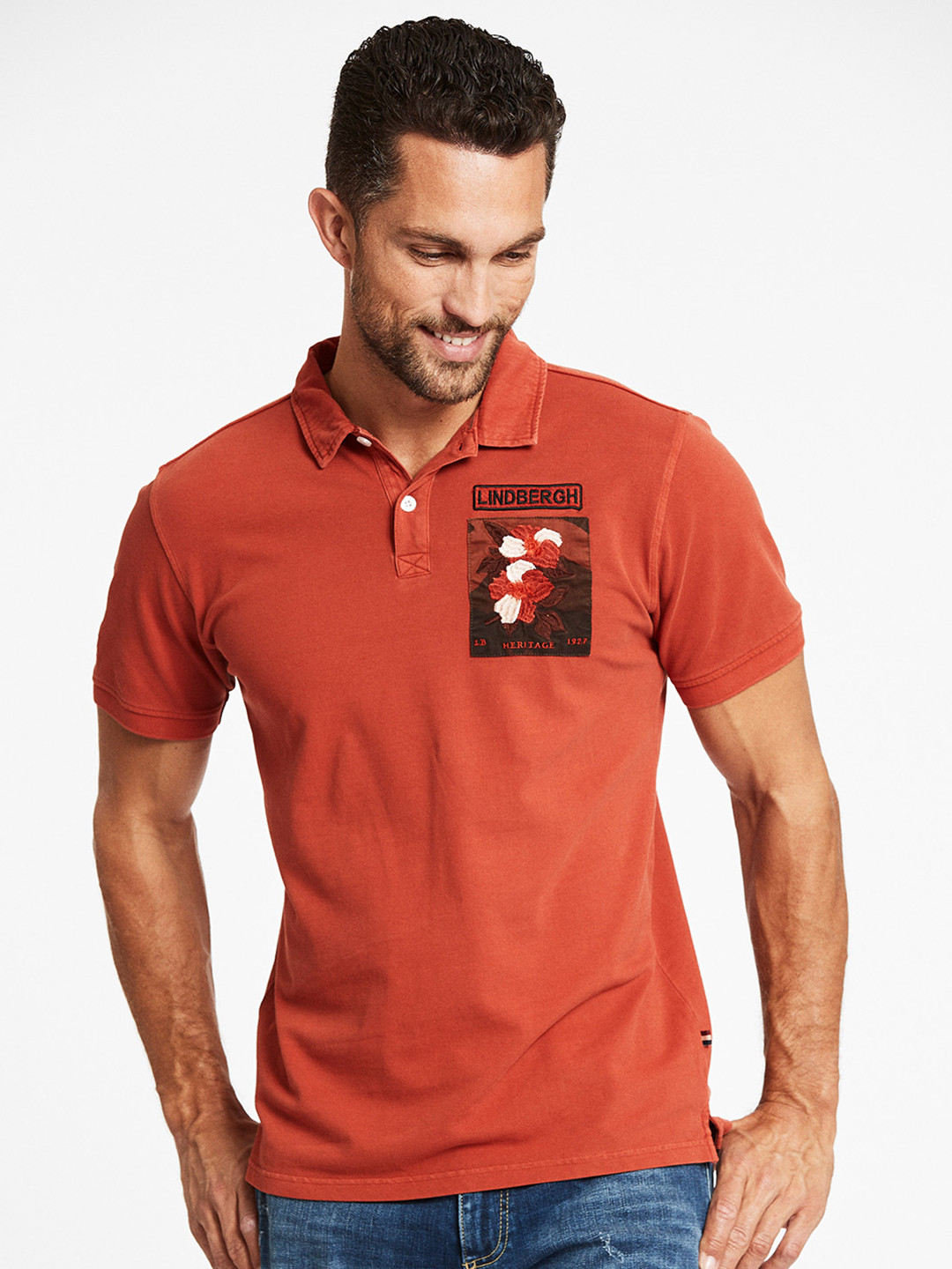 

LINDBERGH Men Red Polo Collar Applique Cotton T-shirt