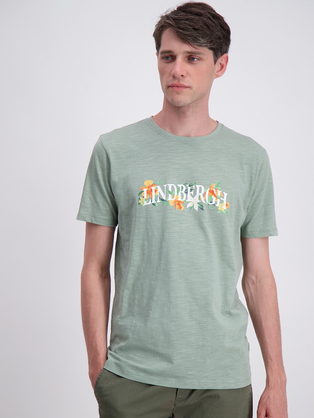 

LINDBERGH Men Green Typography Printed Relaxed Fit Pure Organic Cotton T-shirt