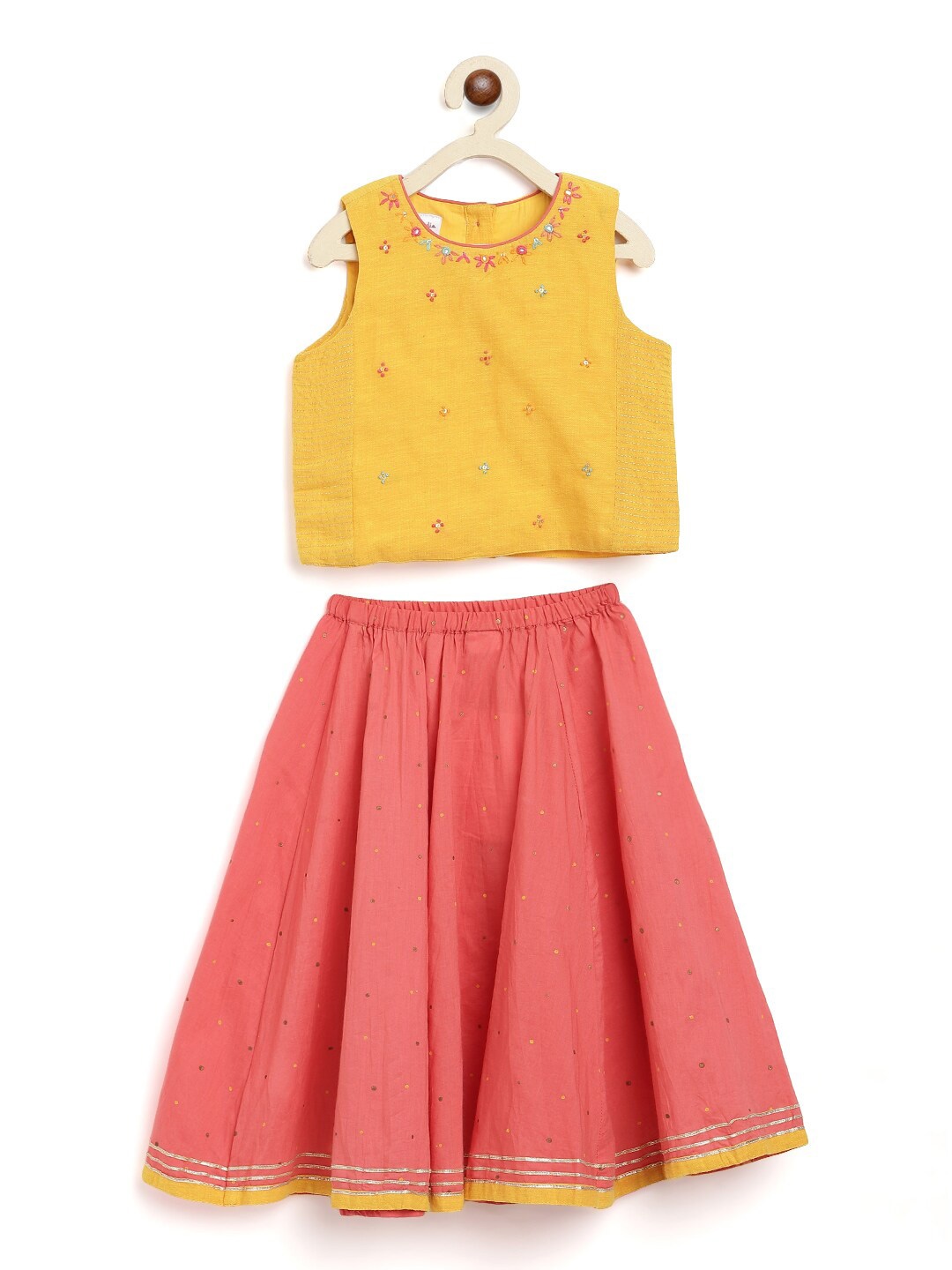 

Fabindia Girls Yellow & Peach-Coloured Embroidered Cotton Ready to Wear Lehenga & Choli