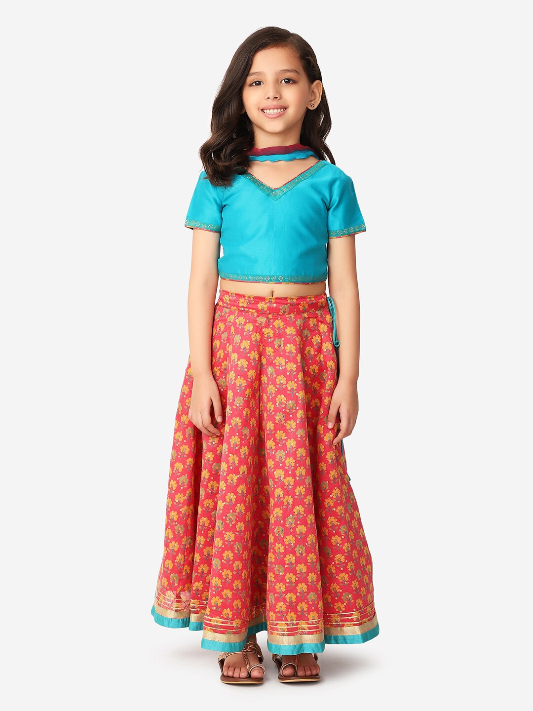 

Fabindia Girls 3 Piece Blue & Coral Ready to Wear Lehenga & Blouse With Dupatta
