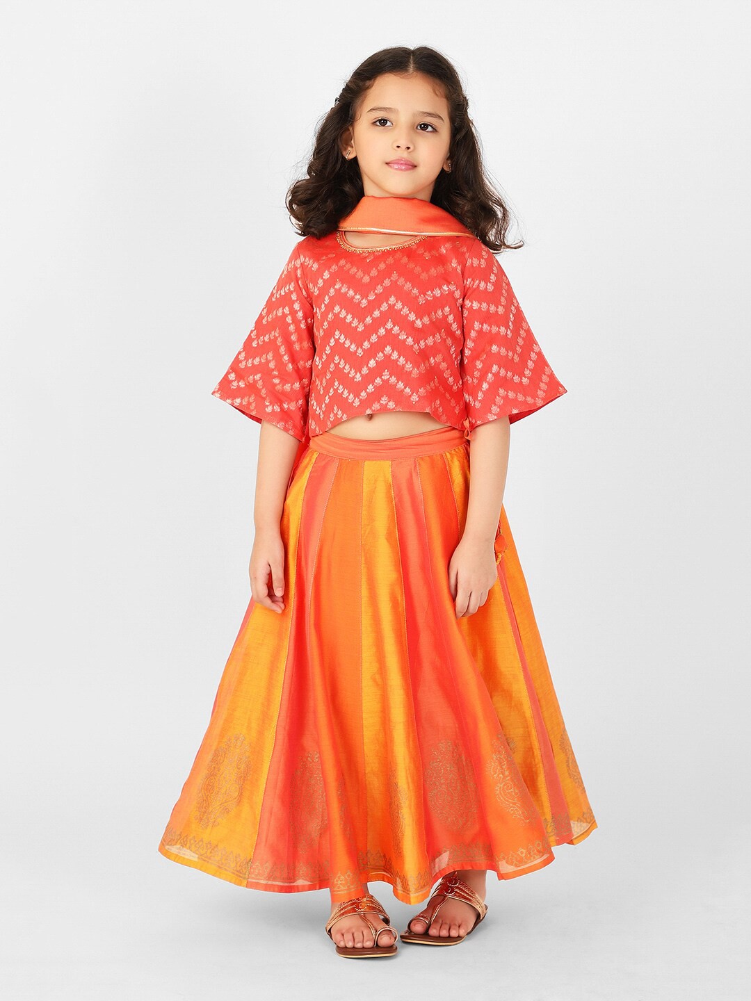 

Fabindia Girls Coral & Gold-Toned Cotton Ready to Wear Lehenga & Blouse With Dupatta Set