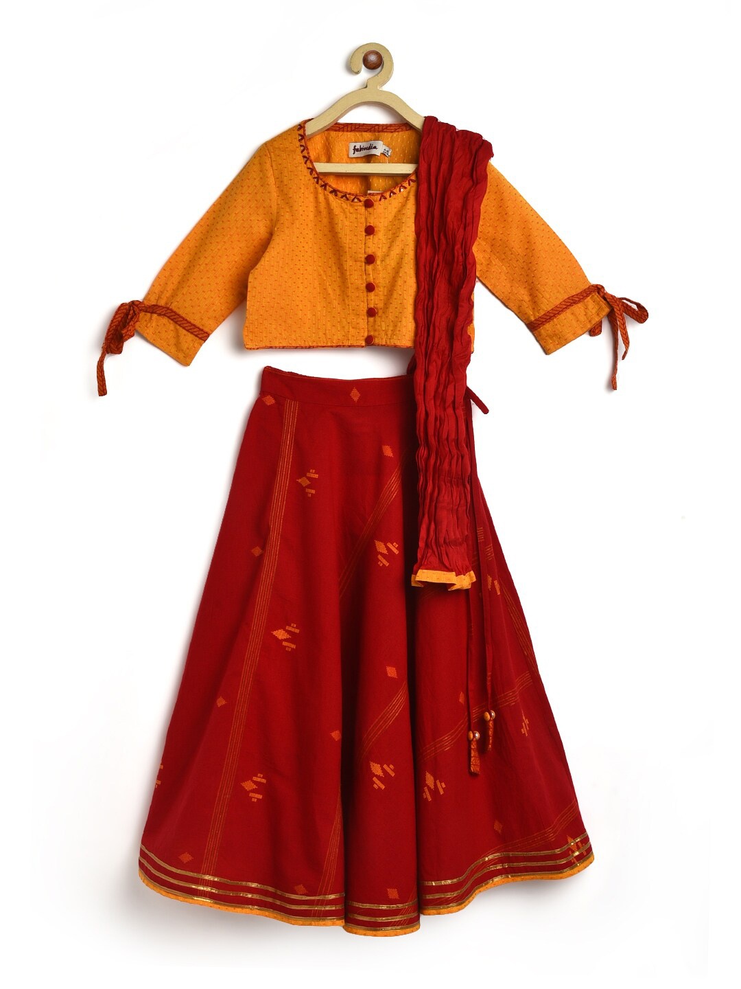 

Fabindia Girls Mustard & Maroon Printed Ready to Wear Lehenga & Blouse With Dupatta Set