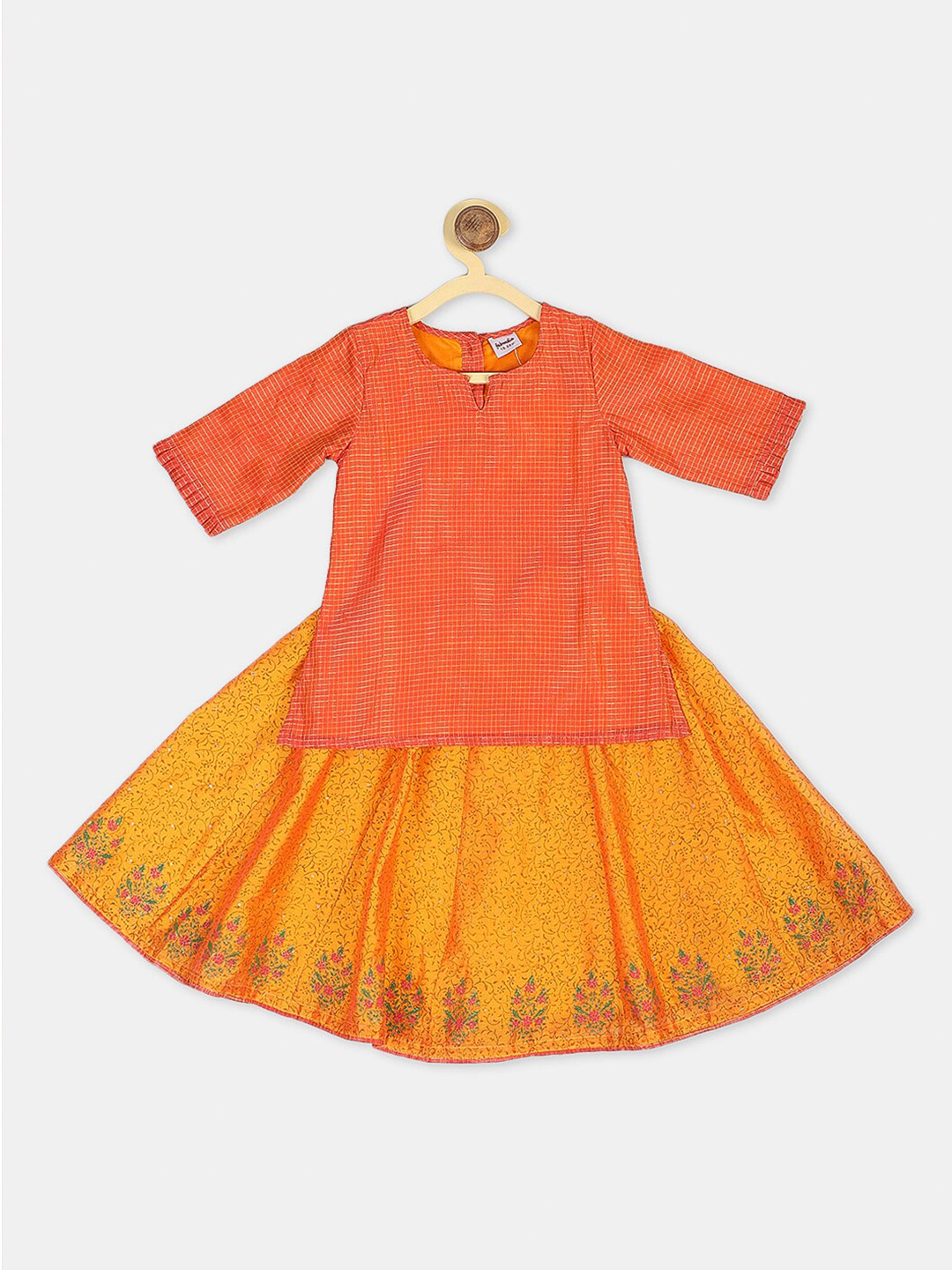

Fabindia Girls 2 Piece Yellow & Orange Printed Ready to Wear Lehenga