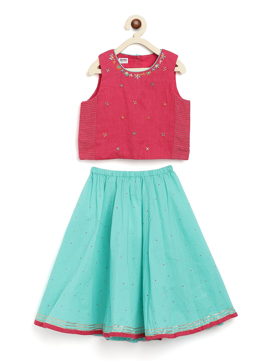 

Fabindia Girls Pink & Turquoise Blue Embroidered Ready to Wear Cotton Lehenga Choli