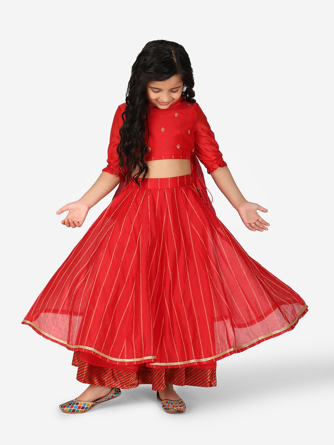 

Fabindia Girls Red & Gold-Toned Embellished Ready to Wear Lehenga & Blouse With Dupatta