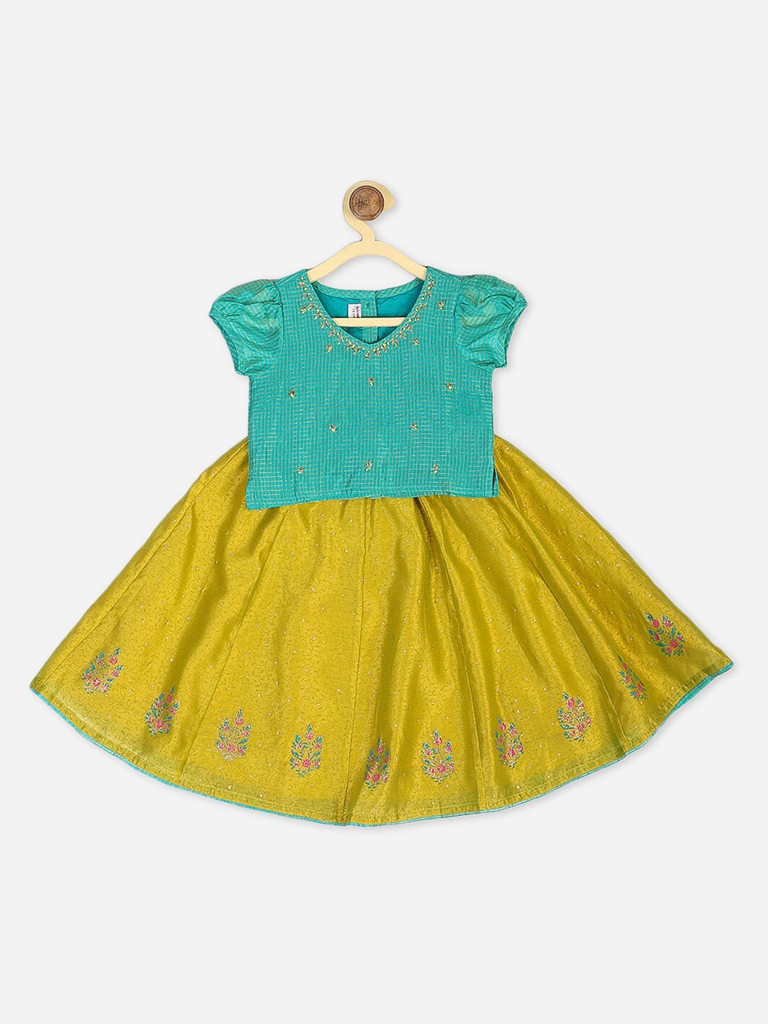 

Fabindia Girls Green & Yellow Embroidered Ready to Wear Lehenga with Blouse