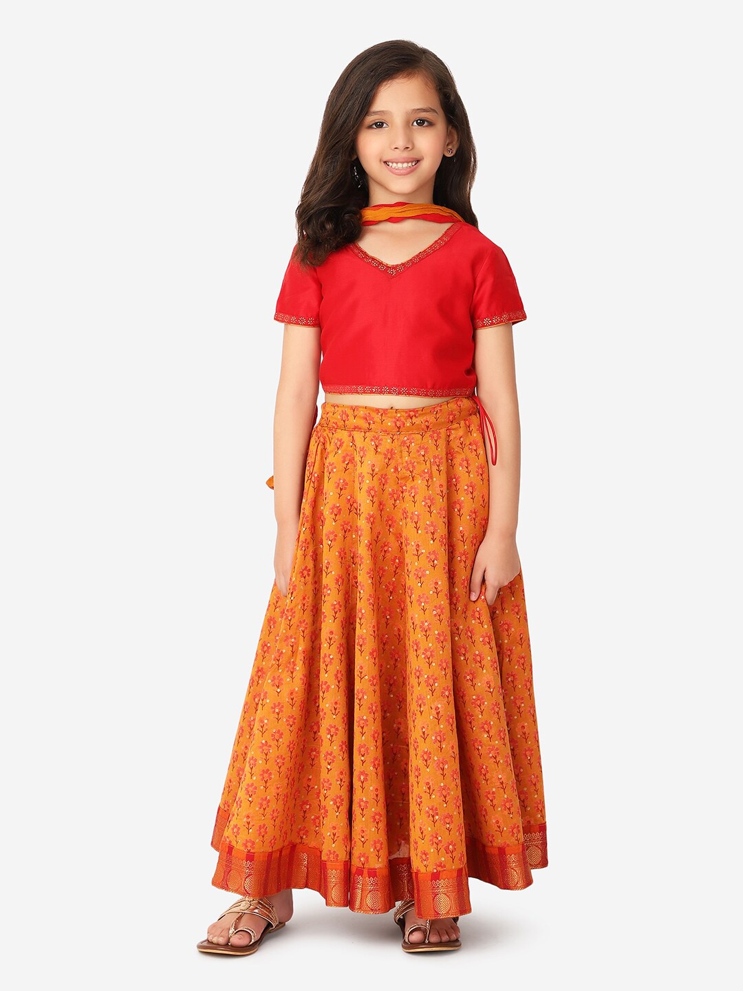 

Fabindia Girls Yellow & Red Printed Cotton Ready to Wear Lehenga & Blouse With Dupatta