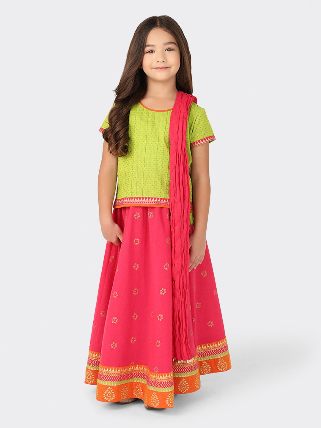 

Fabindia Girls Lime Green & Fuchsia Printed Ready to Wear Lehenga & Blouse With Dupatta