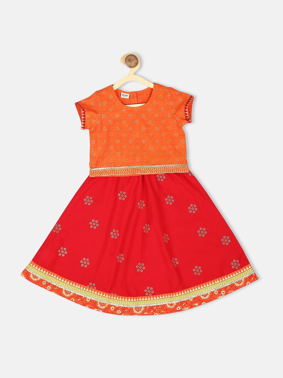 

Fabindia Girls Orange & Red Printed Ready to Wear Lehenga with Blouse
