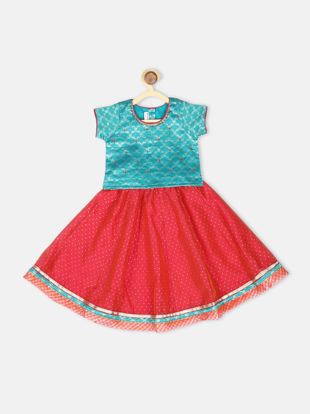 

Fabindia Girls Pink & Blue Printed Ready to Wear Lehenga &